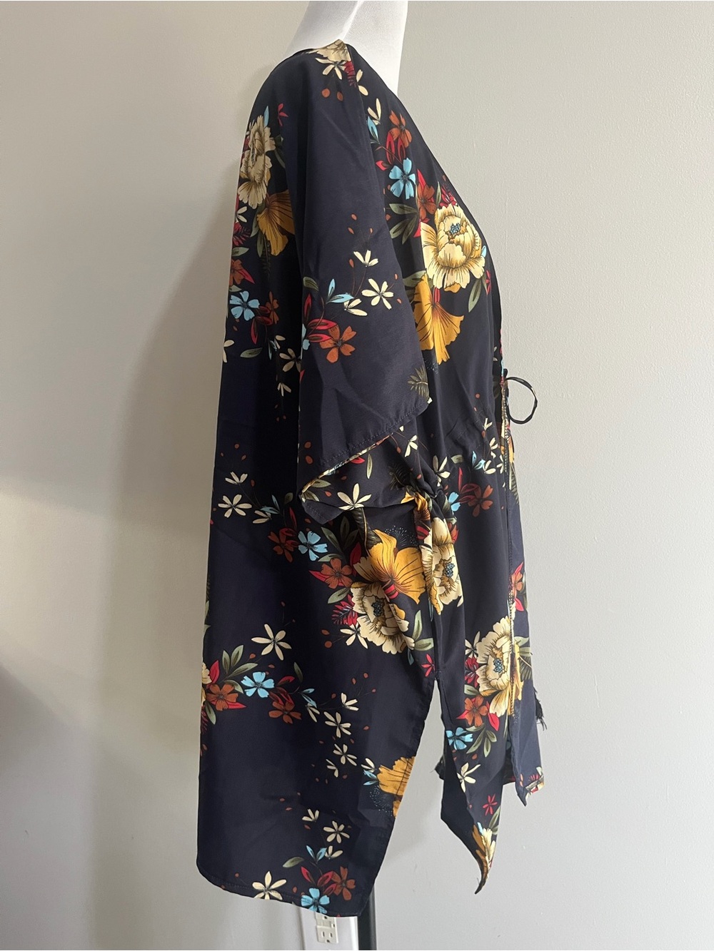 Navy Blue Earth Toned Floral Tie-Front Oversized Women's Kimono Beach Cover-up - Picture 2 of 8